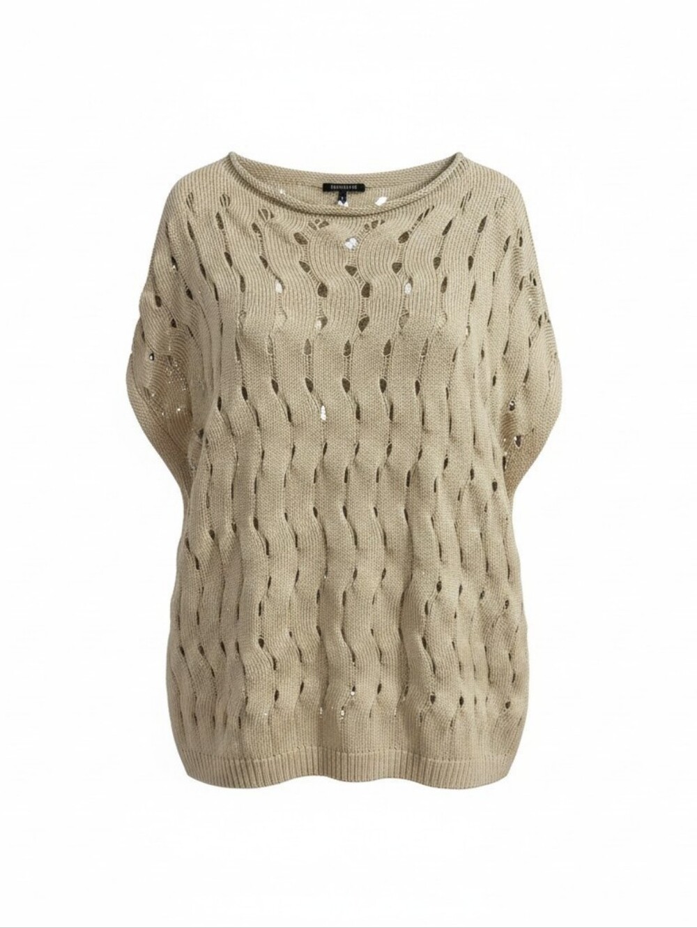 Lafayette 148 Sweater Sz XXL Beige Chunky Open Knit Roll Neck Cap Sleeve Sequins